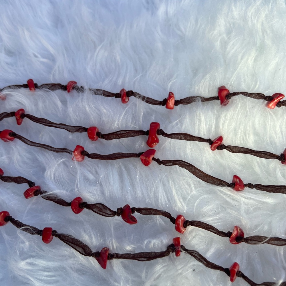 Red Coral and Brown Ribbon Handmade Necklace